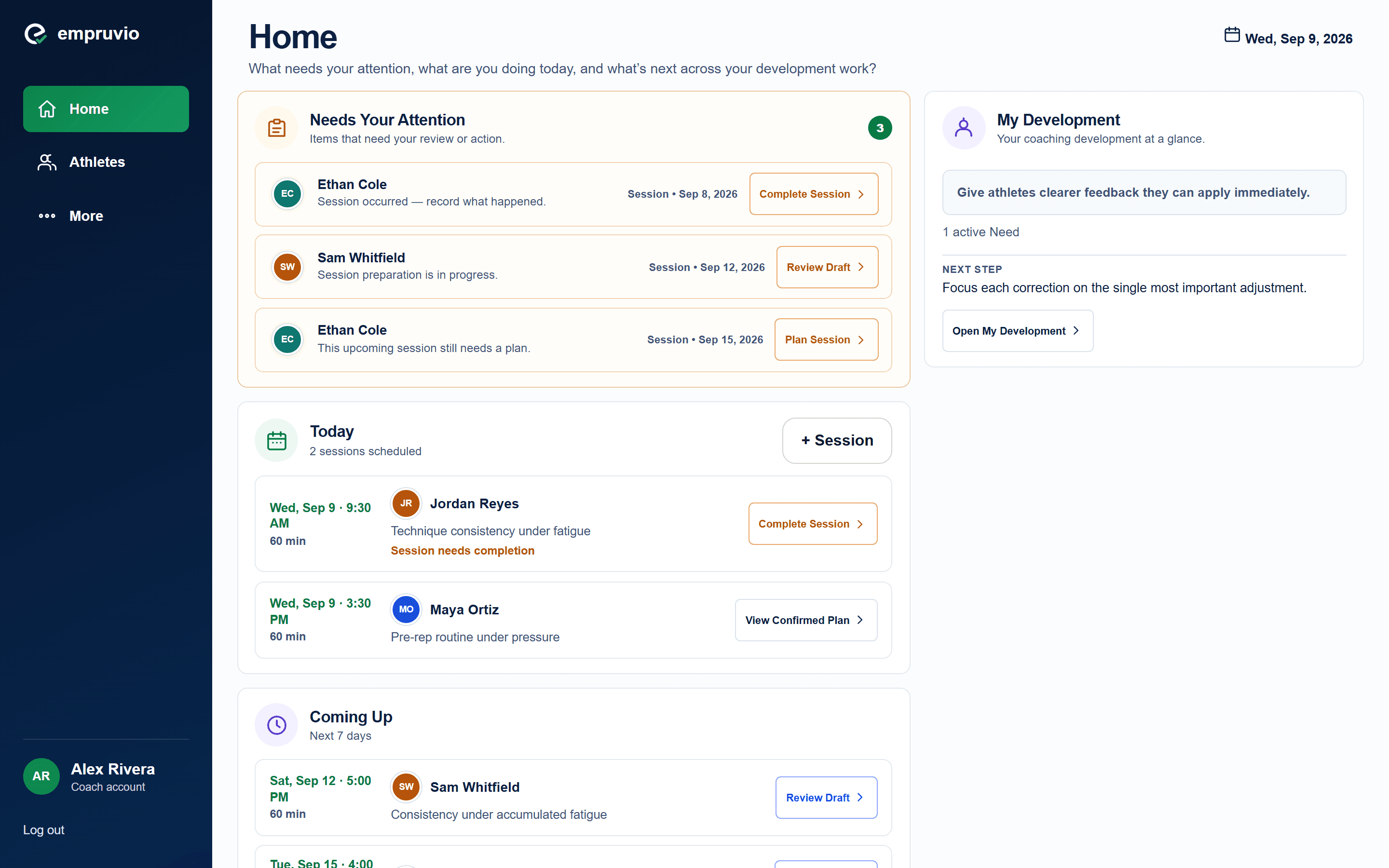 Empruvio's Home command center, showing what needs attention, today's Sessions, Coming Up, an Athlete Development portfolio, and recent development history