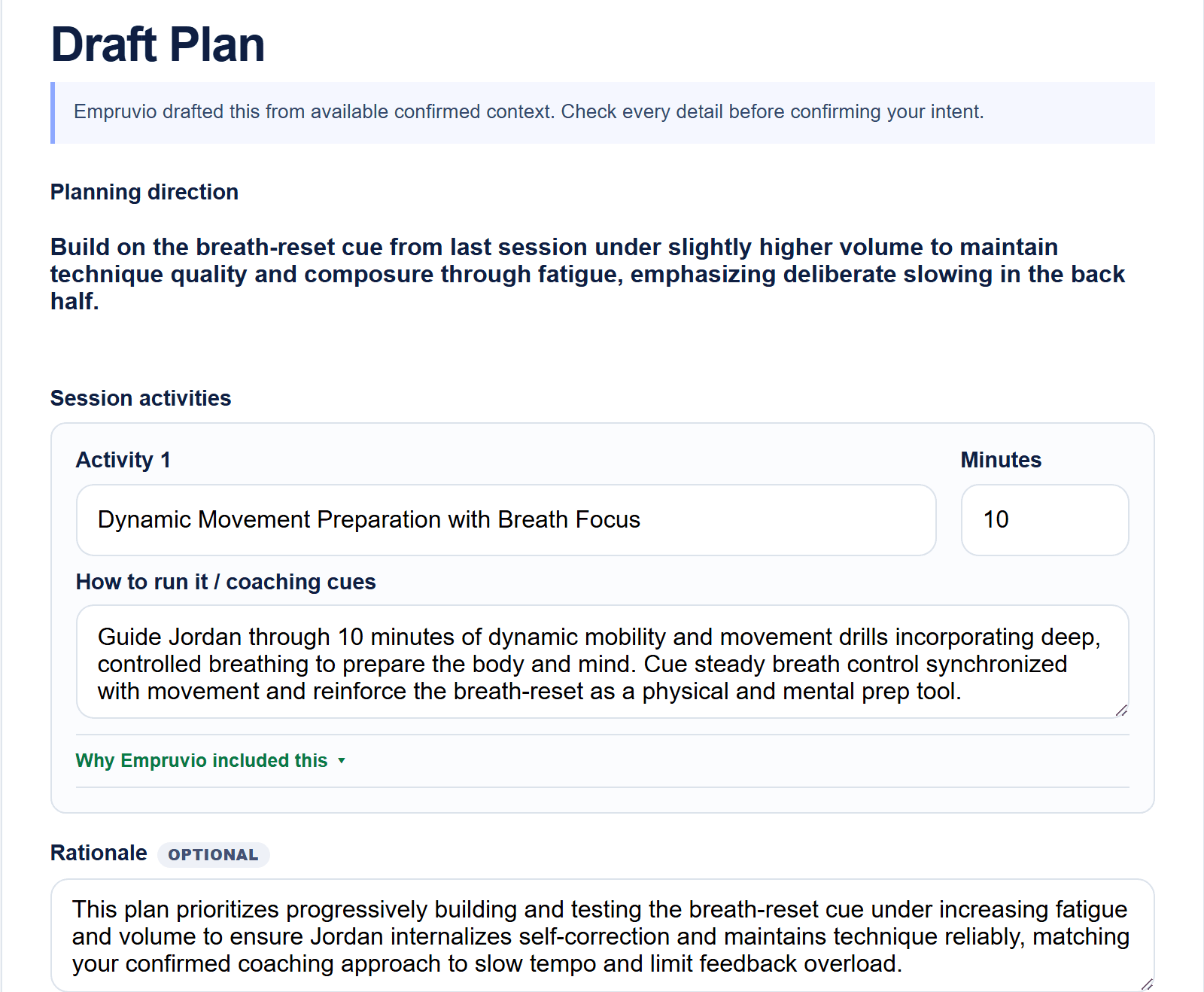 A real AI-drafted Session Plan: the planning direction, the first activity with its coaching cues, and Empruvio's own rationale for the plan
